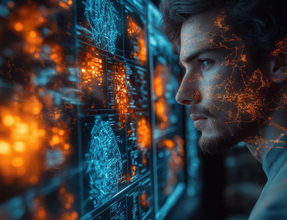 A man works at a digital screen, looking at multiple AI tools and the agentic AI that powers them.