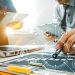 A person works at a computer on project management.